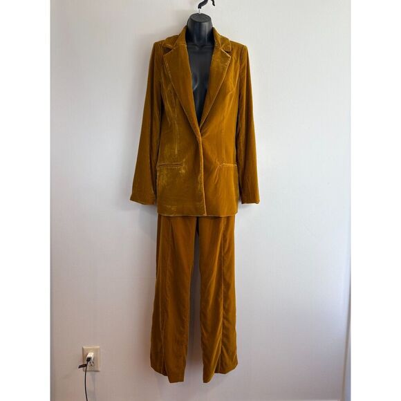 Staud Velvet Pantsuit, Size S/6, Butterscotch, Blazer & Wide-Leg Pants - Picture 2 of 14